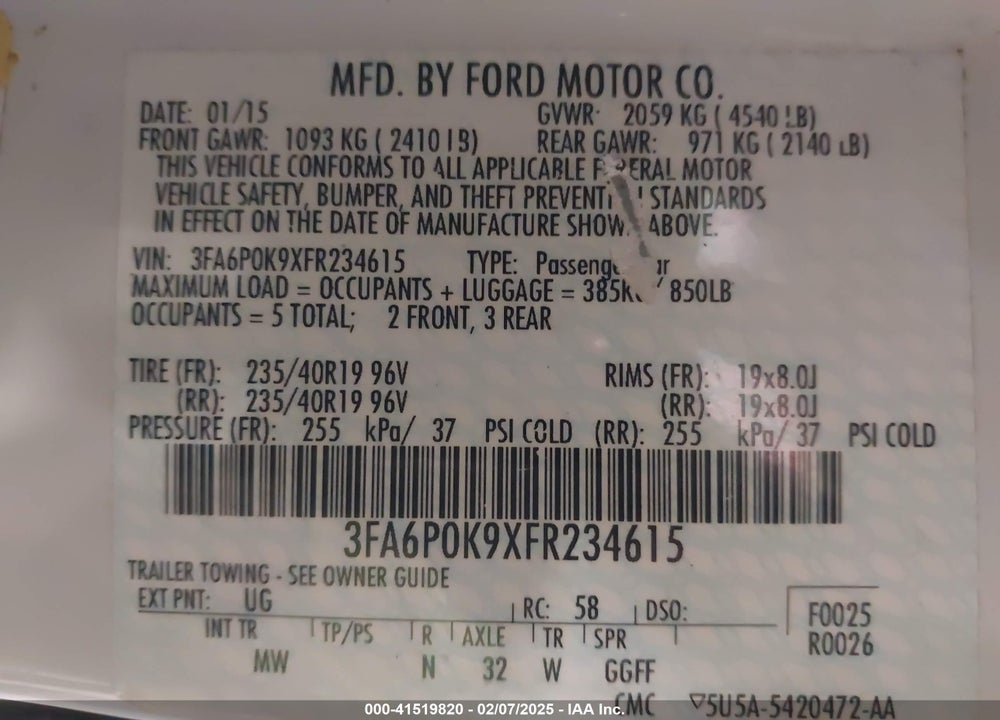 2015 FORD FUSION VIN: 3FA6P0K9XFR234615