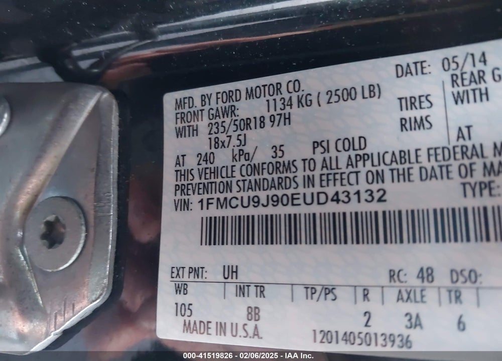 2014 FORD ESCAPE VIN: 1FMCU9J90EUD43132