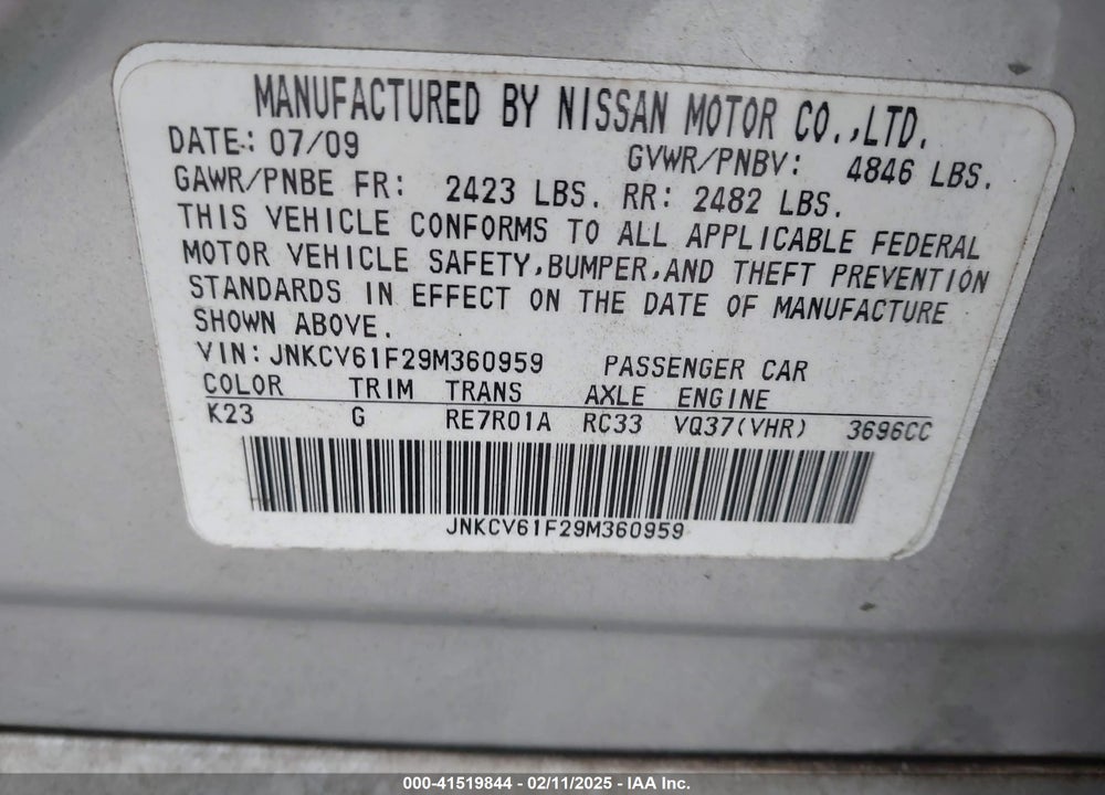 2009 INFINITI G37X VIN: JNKCV61F29M360959