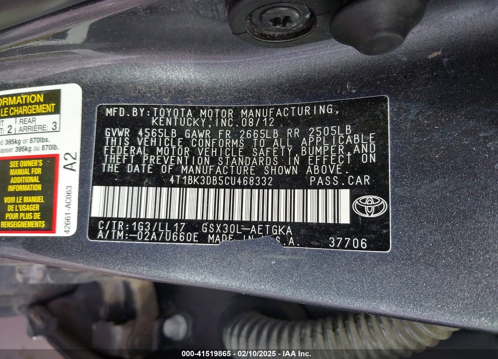 2012 TOYOTA AVALON VIN: 4T1BK3DB5CU468332