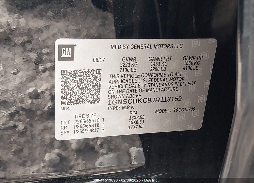2018 CHEVROLET TAHOE LT VIN: 1GNSCBKC9JR113159