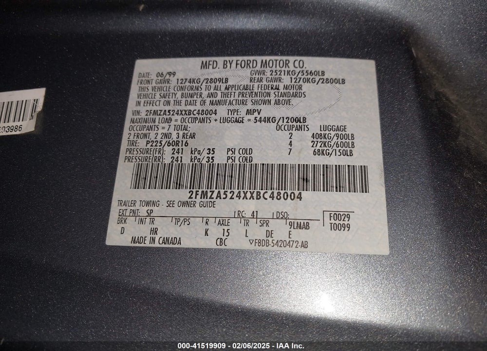 1999 FORD WINDSTAR SE VIN: 2FMZA524XXBC48004