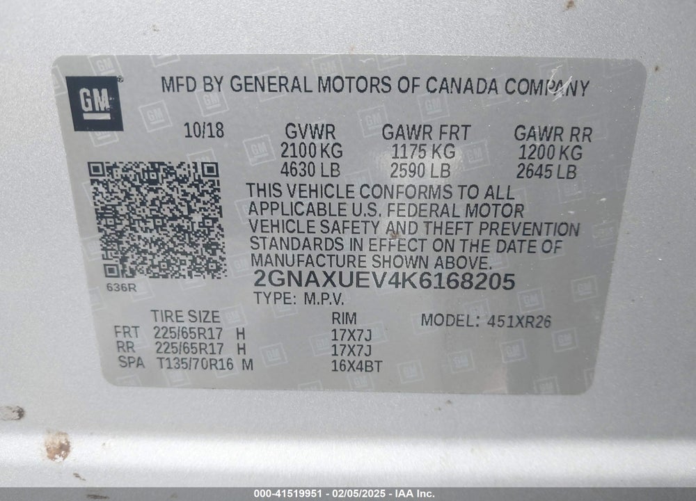 2019 CHEVROLET EQUINOX LT VIN: 2GNAXUEV4K6168205