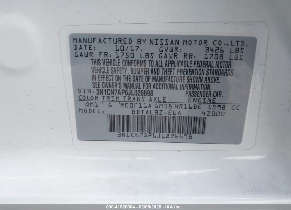 2018 NISSAN VERSA VIN: 3N1CN7AP6JL826698