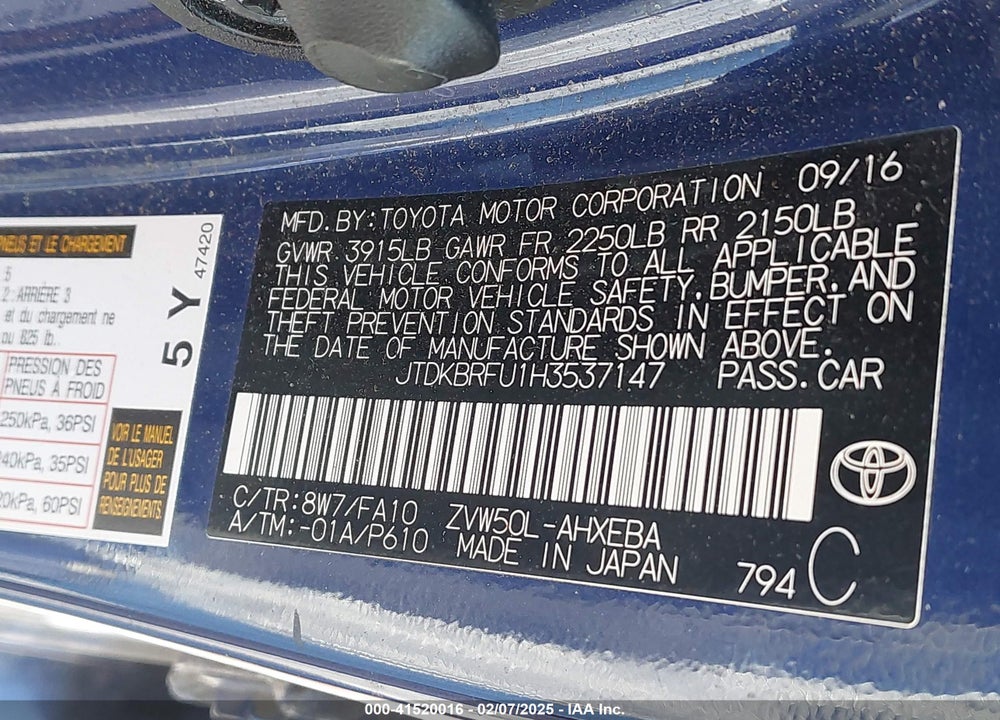 2017 TOYOTA PRIUS VIN: JTDKBRFU1H3537147