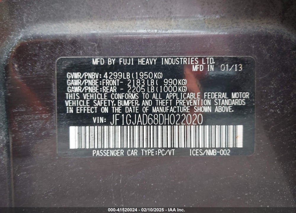 2013 SUBARU IMPREZA VIN: JF1GJAD68DH022020