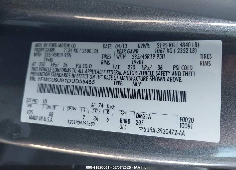 2013 FORD ESCAPE TITANIUM VIN: 1FMCU9J91DUD55465