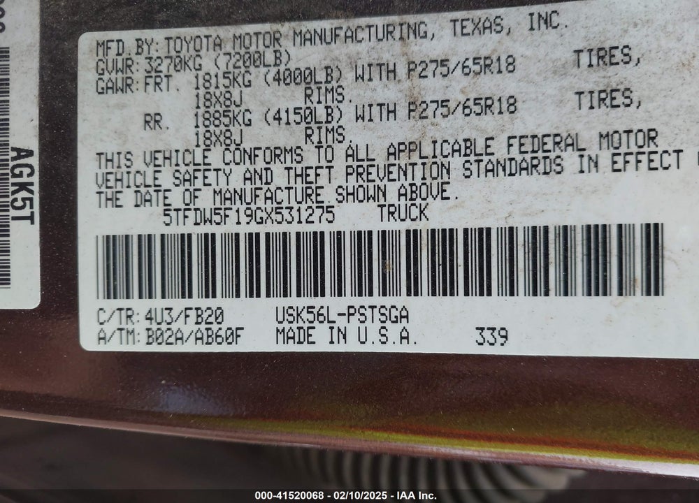 2016 TOYOTA TUNDRA VIN: 5TFDW5F19GX531275