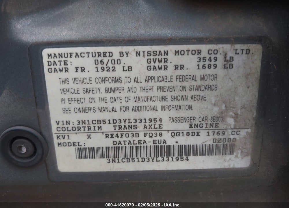 2000 NISSAN SENTRA VIN: 3N1CB51D3YL331954