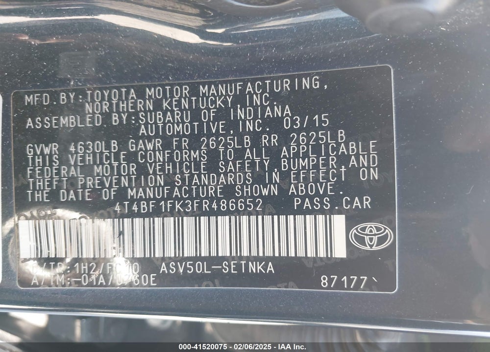 2015 TOYOTA CAMRY LE VIN: 4T4BF1FK3FR486652