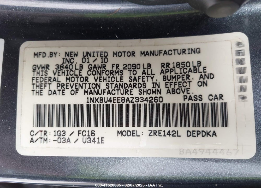 2010 TOYOTA COROLLA LE VIN: 1NXBU4EE8AZ334260