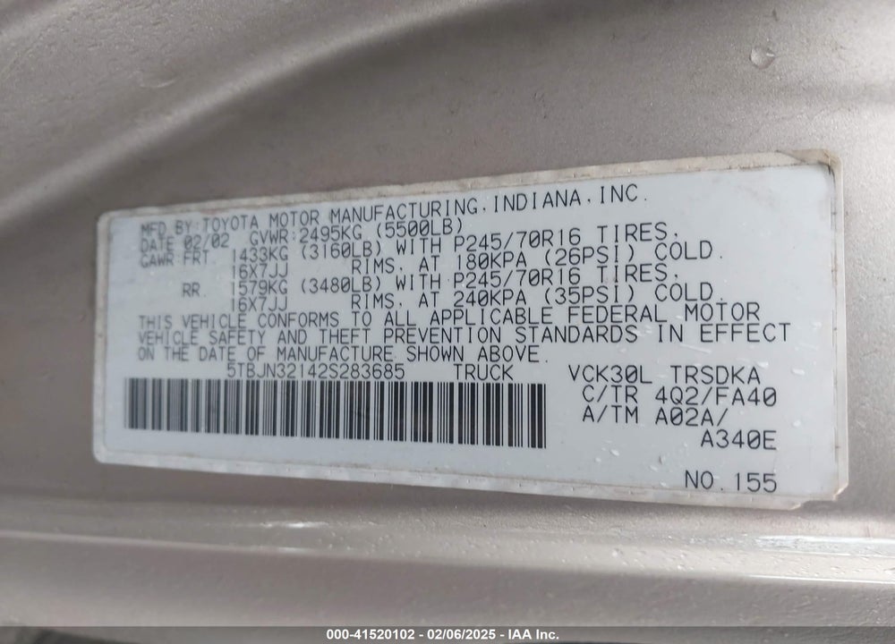2002 TOYOTA TUNDRA VIN: 5TBJN32142S283685