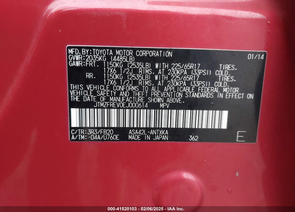 2014 TOYOTA RAV4 LE VIN: JTMZFREV0EJ000614