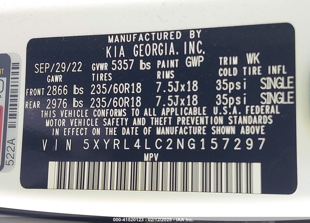 2022 KIA SORENTO S VIN: 5XYRL4LC2NG157297