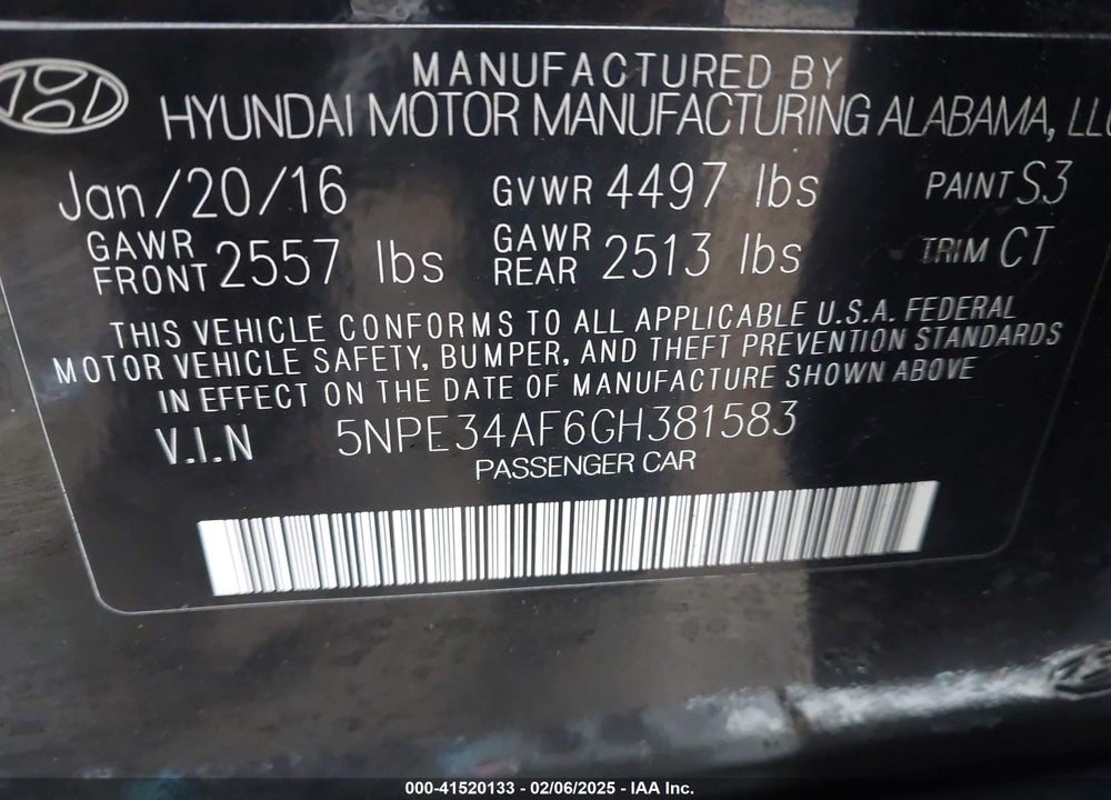 2016 HYUNDAI SONATA VIN: 5NPE34AF6GH381583