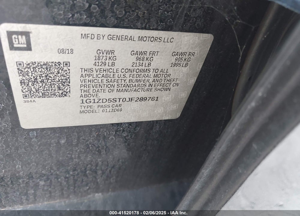 2018 CHEVROLET MALIBU VIN: 1G1ZD5ST0JF289761