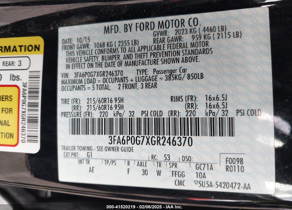 2016 FORD FUSION VIN: 3FA6P0G7XGR246370