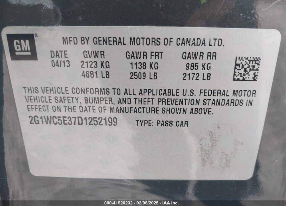 2013 CHEVROLET IMPALA VIN: 2G1WC5E37D1252199