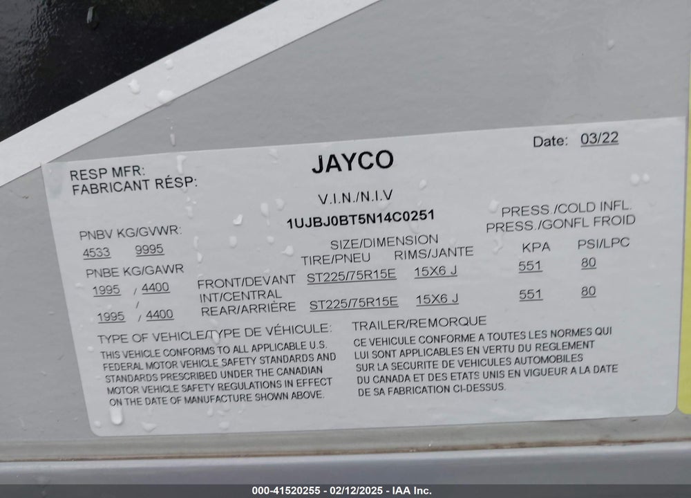 2022 JAYCO 32FT WHITE HAWK VIN: 1UJBJ0BT5N14C0251