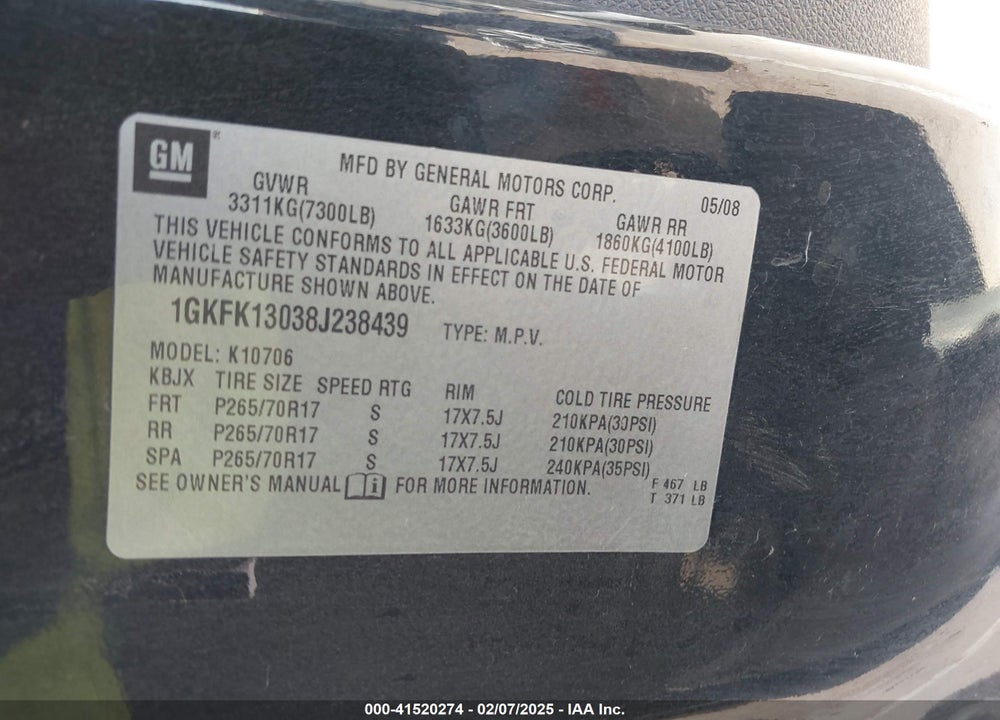 2008 GMC YUKON SLE VIN: 1GKFK13038J238439