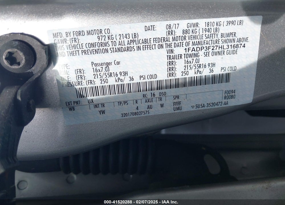 2017 FORD FOCUS VIN: 1FADP3F27HL316874