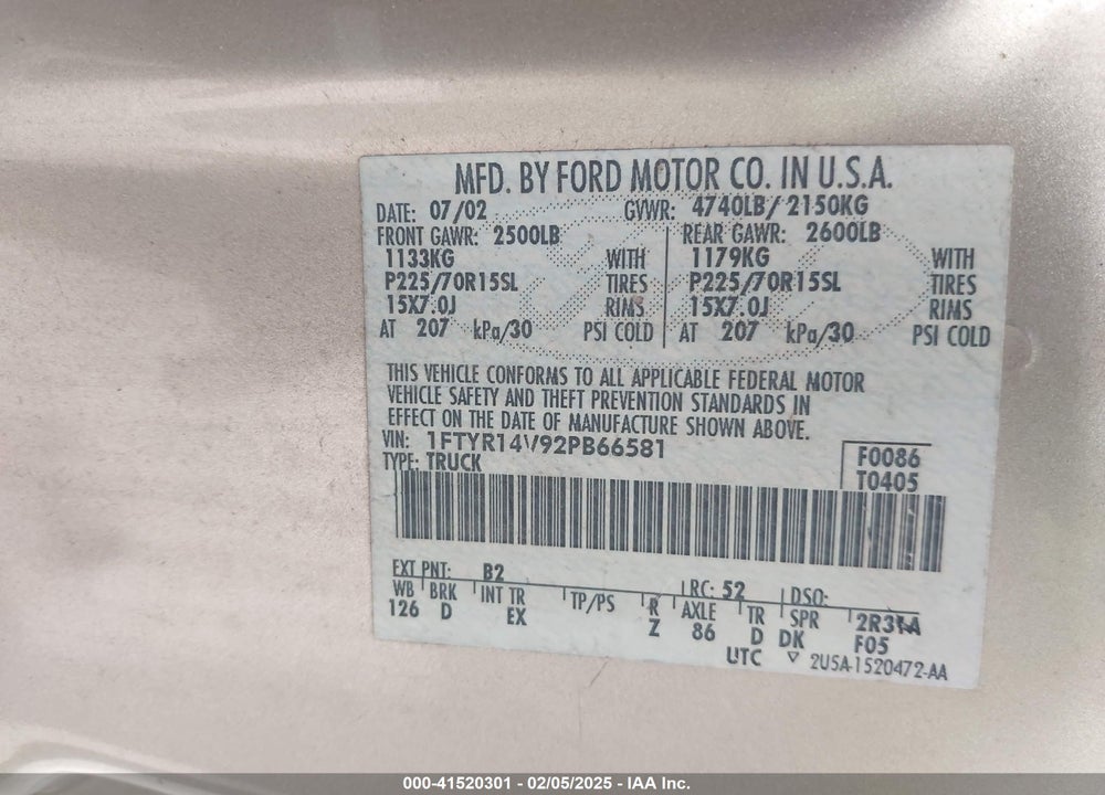 2002 FORD RANGER EDGE/TREMOR/XL/XLT VIN: 1FTYR14V92PB66581