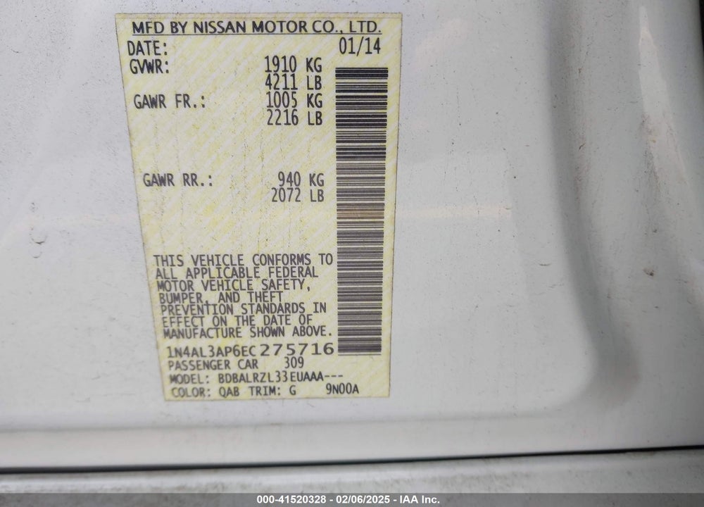 2014 NISSAN ALTIMA VIN: 1N4AL3AP6EC275716