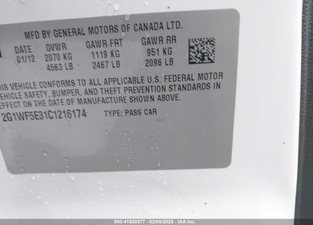 2012 CHEVROLET IMPALA VIN: 2G1WF5E31C1216174
