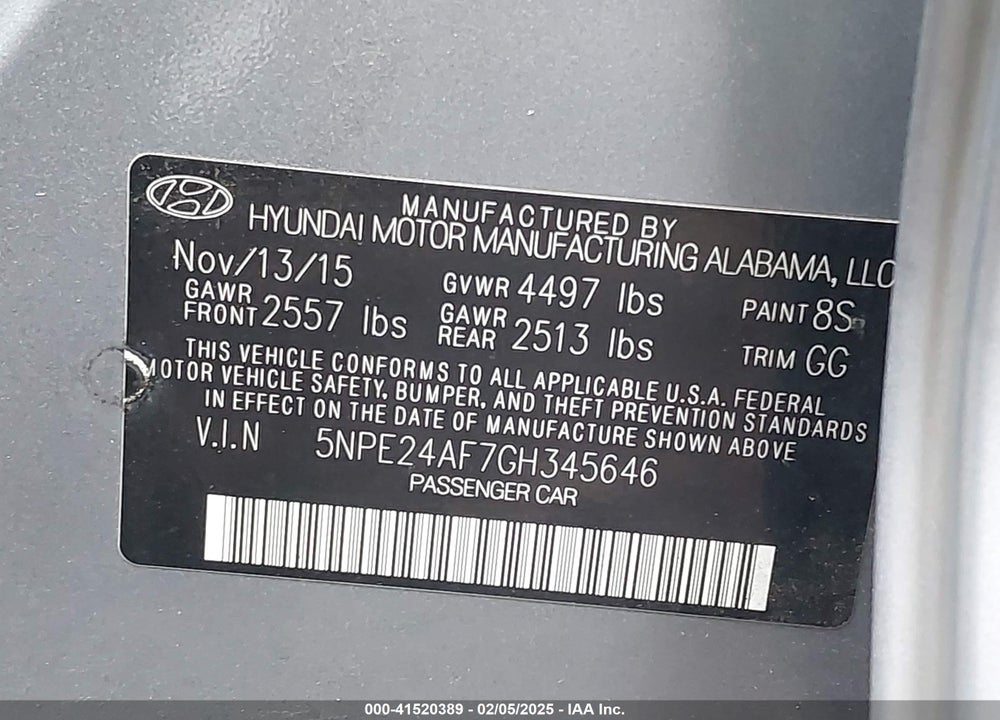 2016 HYUNDAI SONATA VIN: 5NPE24AF7GH345646