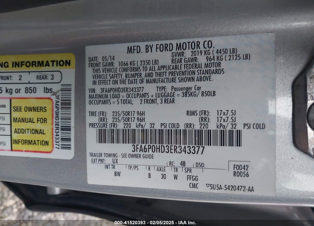 2014 FORD FUSION VIN: 3FA6P0HD3ER343377