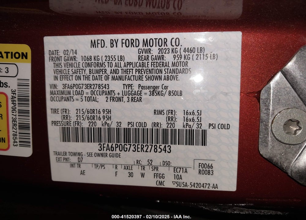 2014 FORD FUSION VIN: 3FA6P0G73ER278543