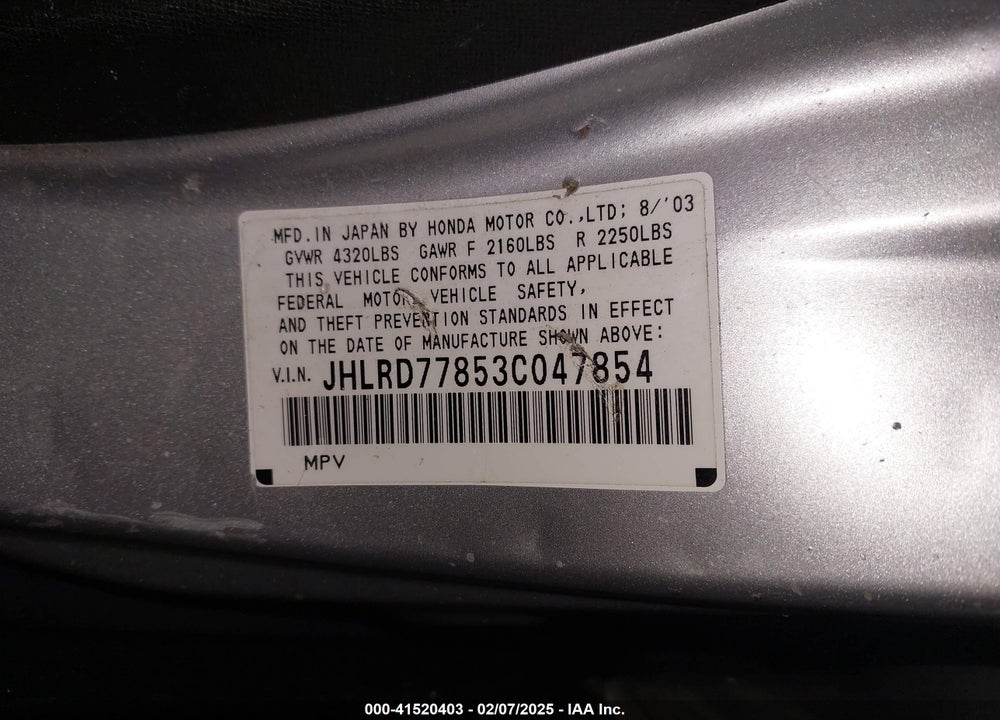 2003 HONDA CR-V EX VIN: JHLRD77853C047854