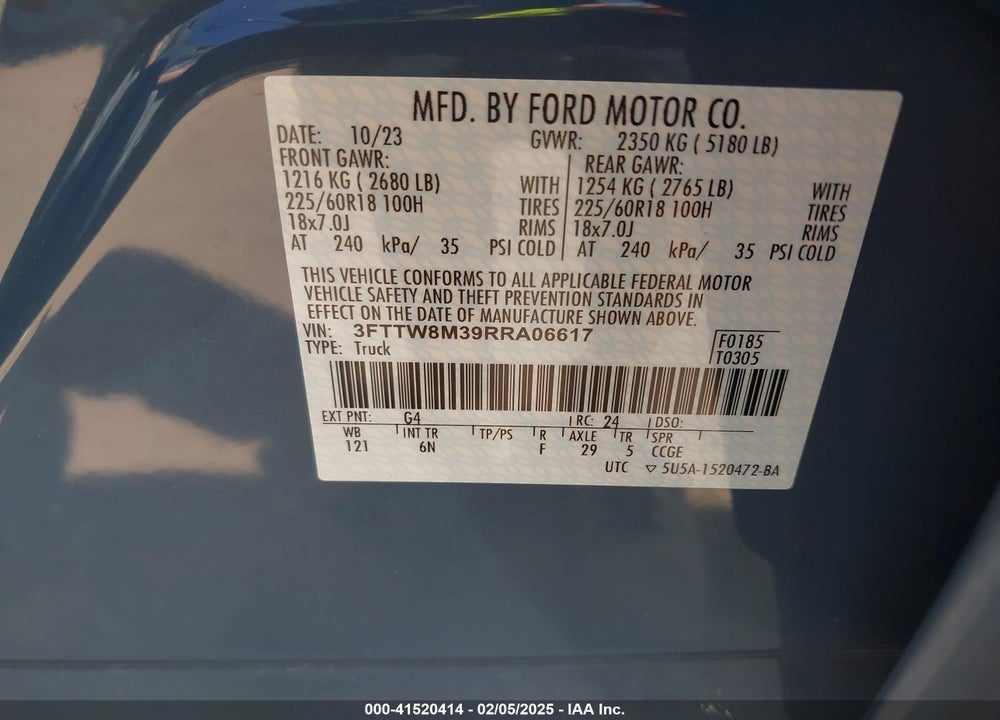 2024 FORD MAVERICK VIN: 3FTTW8M39RRA06617
