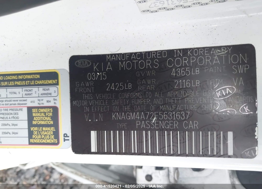 2015 KIA OPTIMA VIN: KNAGM4A72F5631637