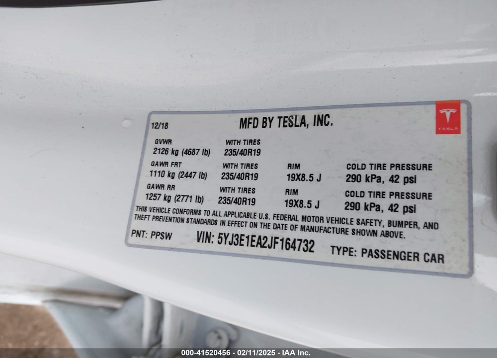 2018 TESLA MODEL 3 VIN: 5YJ3E1EA2JF164732