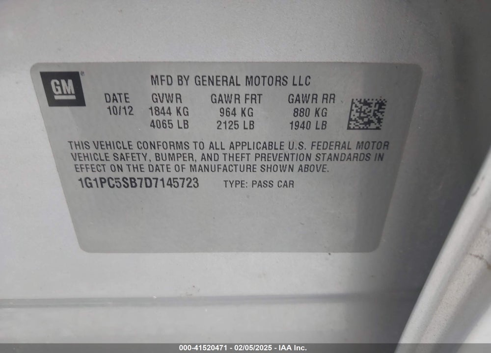 2013 CHEVROLET CRUZE VIN: 1G1PC5SB7D7145723