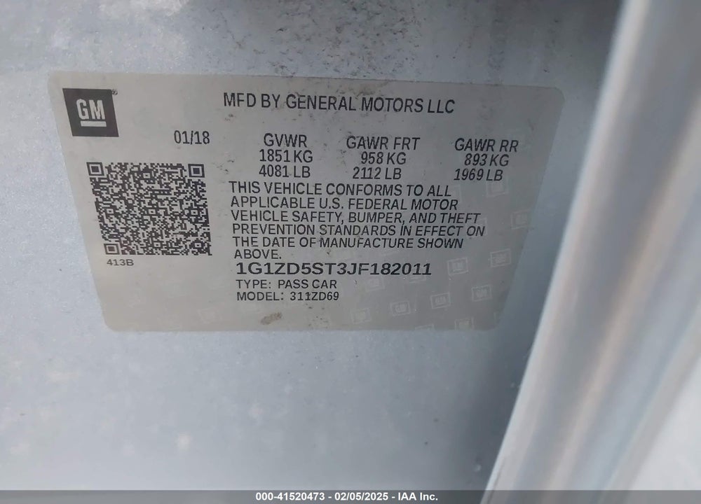 2018 CHEVROLET MALIBU VIN: 1G1ZD5ST3JF182011