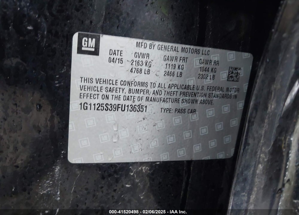 2015 CHEVROLET IMPALA VIN: 1G1125S39FU136351