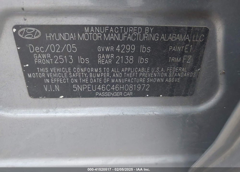 2006 HYUNDAI SONATA GLS VIN: 5NPEU46C46H081972