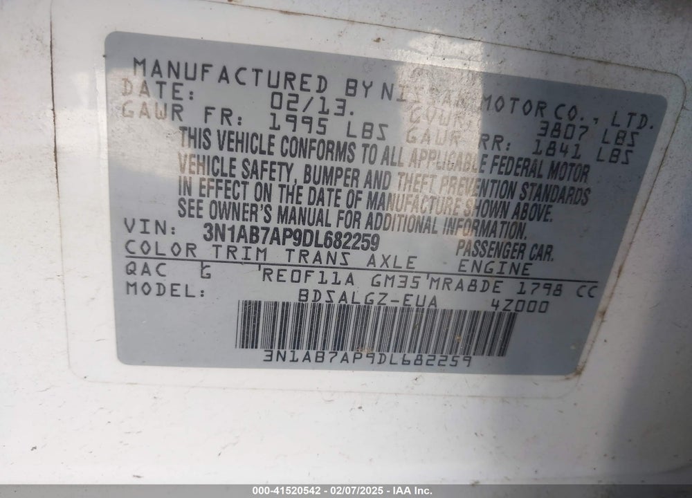 2013 NISSAN SENTRA VIN: 3N1AB7AP9DL682259