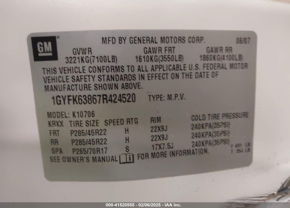 2007 CADILLAC ESCALADE STANDARD VIN: 1GYFK63867R424520