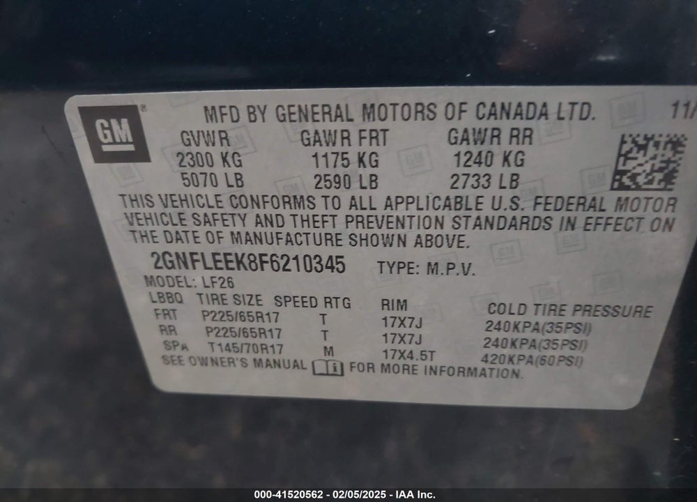 2015 CHEVROLET EQUINOX LS VIN: 2GNFLEEK8F6210345