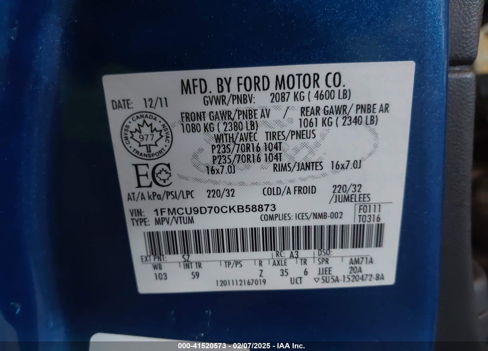 2012 FORD ESCAPE VIN: 1FMCU9D70CKB58873