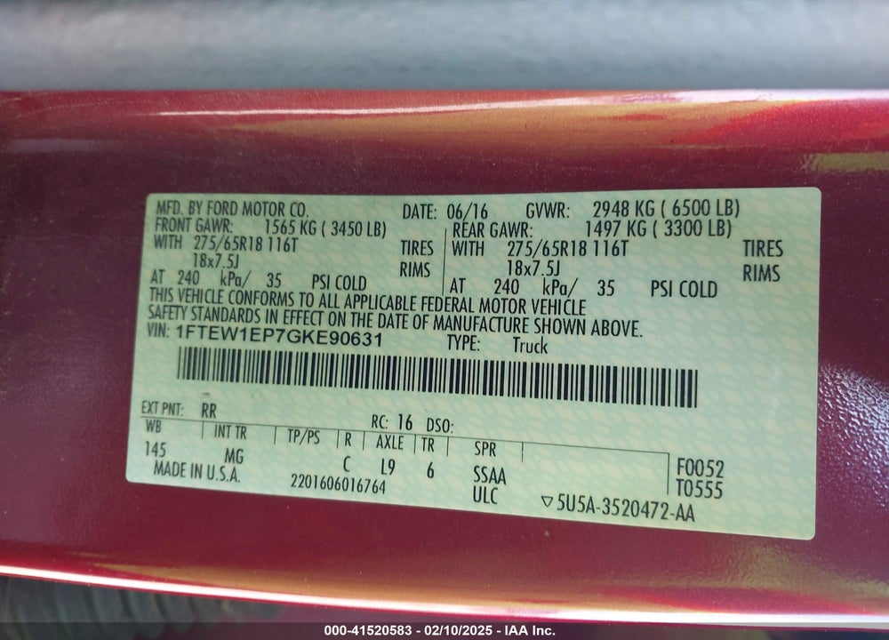 2016 FORD F-150 VIN: 1FTEW1EP7GKE90631
