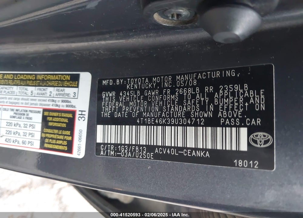 2009 TOYOTA CAMRY LE VIN: 4T1BE46K39U304712