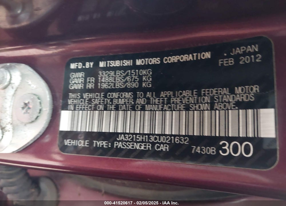 2012 MITSUBISHI I-MIEV ES/SE VIN: JA3215H13CU021632