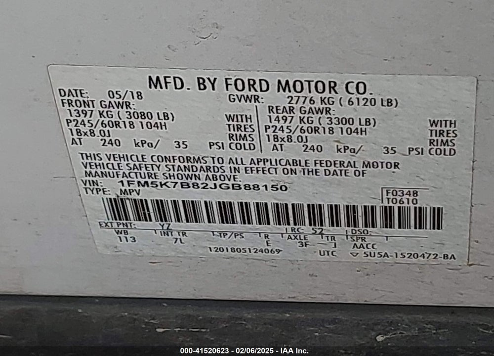 2018 FORD EXPLORER VIN: 1FM5K7B82JGB88150