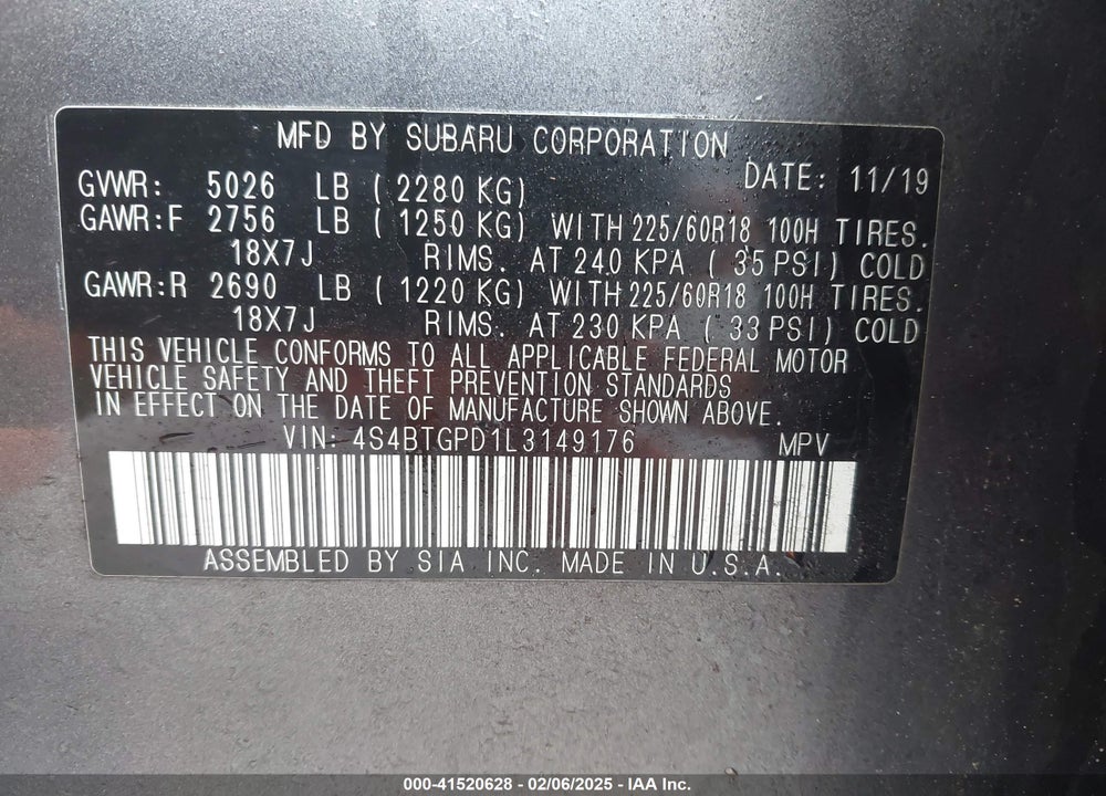 2020 SUBARU OUTBACK TOURING XT VIN: 4S4BTGPD1L3149176