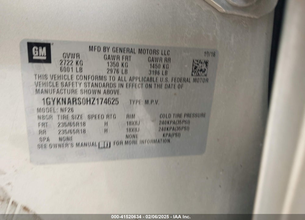 2017 CADILLAC XT5 STANDARD VIN: 1GYKNARS0HZ174625