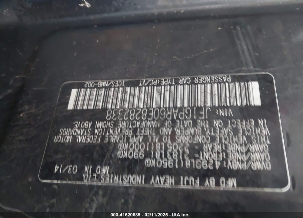 2014 SUBARU IMPREZA VIN: JF1GPAR60E8282338